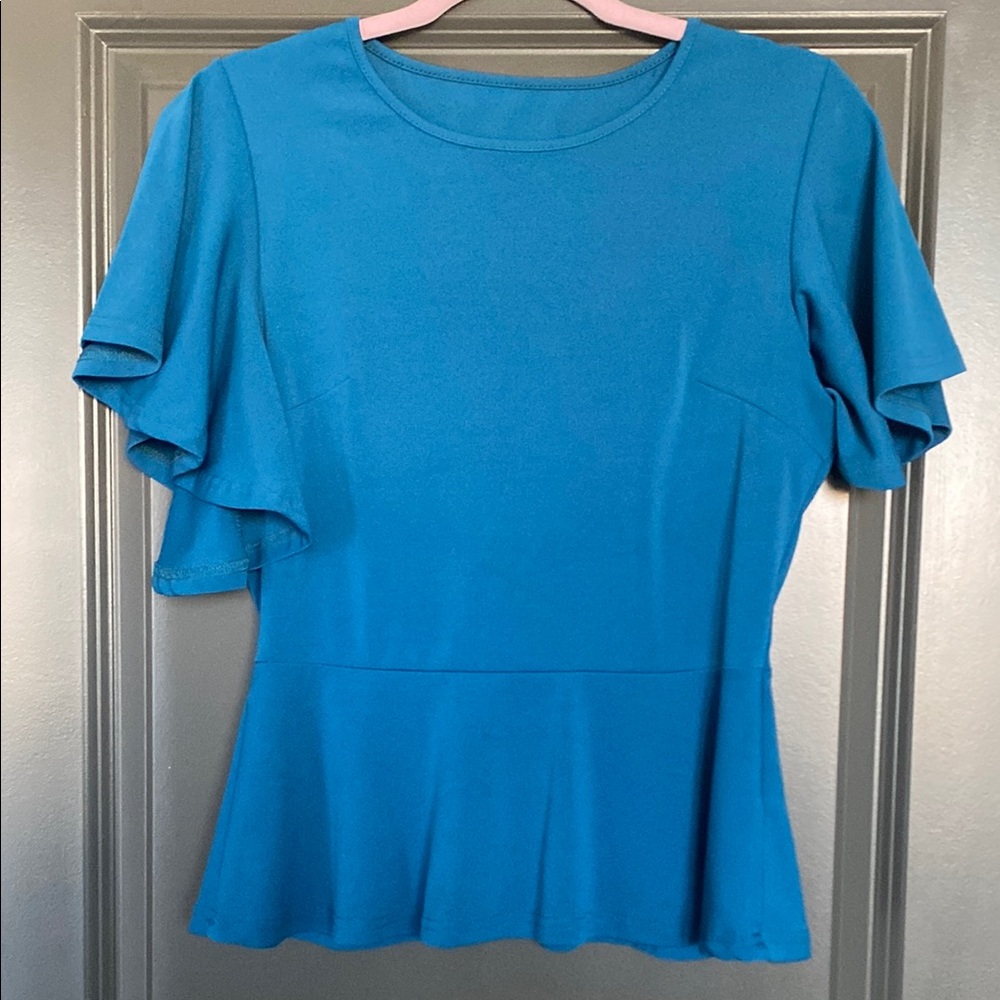 MOVING SALE - Blue Ruffled Peplum Blouse with Crew Neck